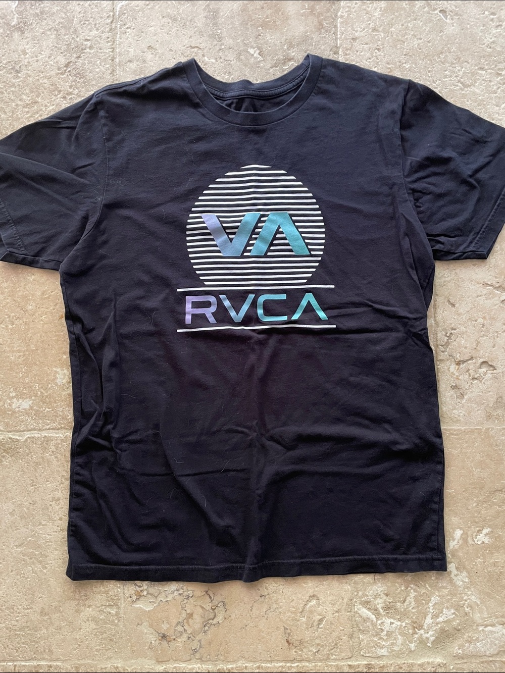 RVCA Black Short-Sleeve Tee with Iridescent Blue-Green VA Logo